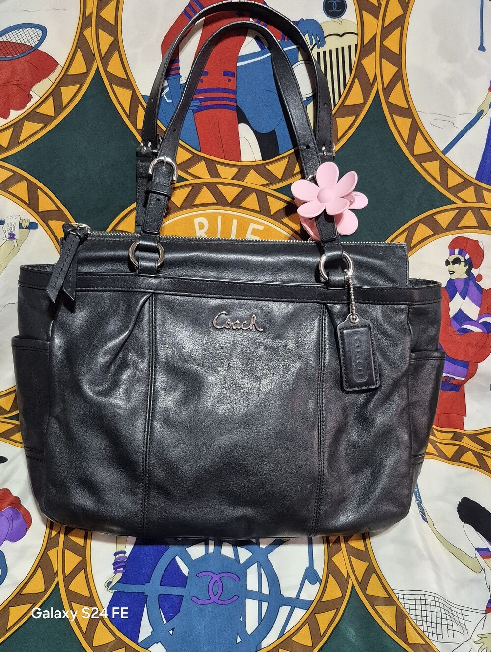 Coach Black Leather East West Zip Top Bag